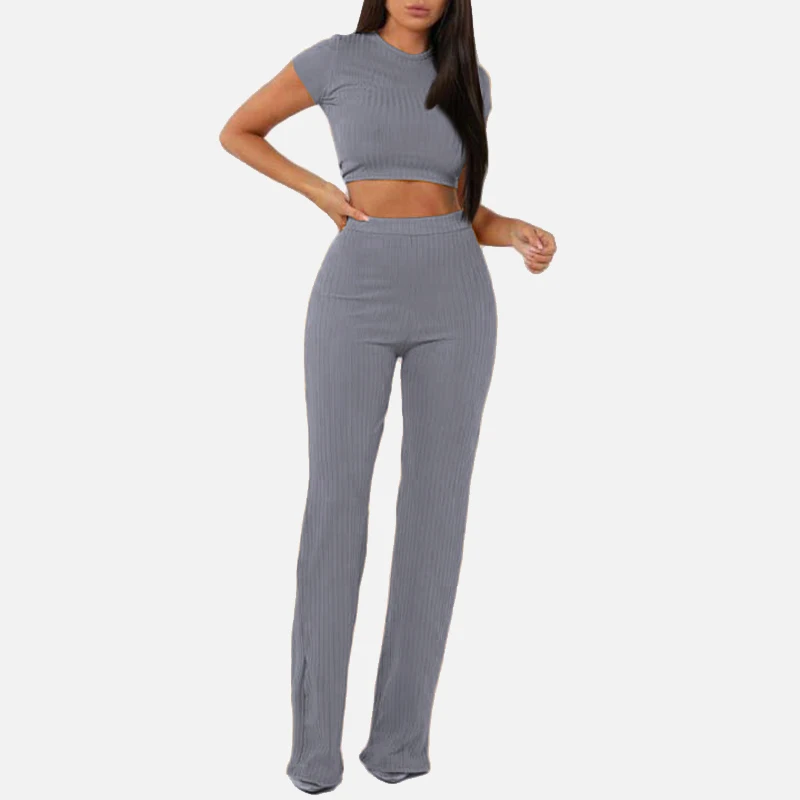

Two Piece Set Women Ribbed O Neck Crop Top and Long Pants Set Sexy Autumn Short Sleeve Tracksuit Women Conjunto Feminino 2021