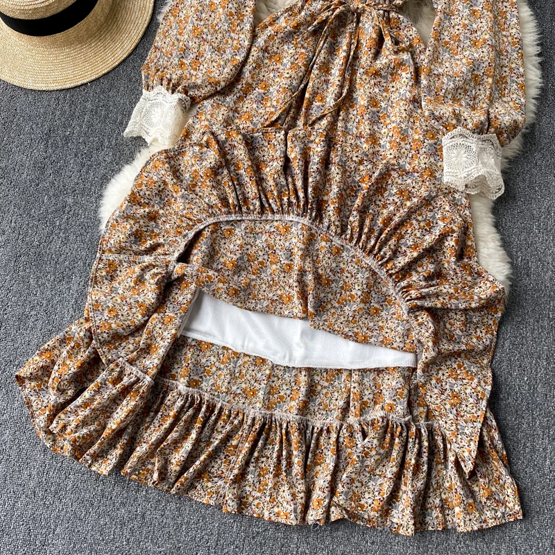 

Elegant Floral Print Ruffles Dress Women Vintage V-neck Lace Decoration Long Sleeve Dress Spring Ladies Party Dresses