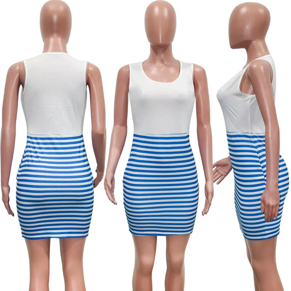 

Adogirl Fashionable Casual Striped Print Slim Pack Hip Mini Dress O-Neck Sleeveless Bandage Dress Club Party Street Vestidos
