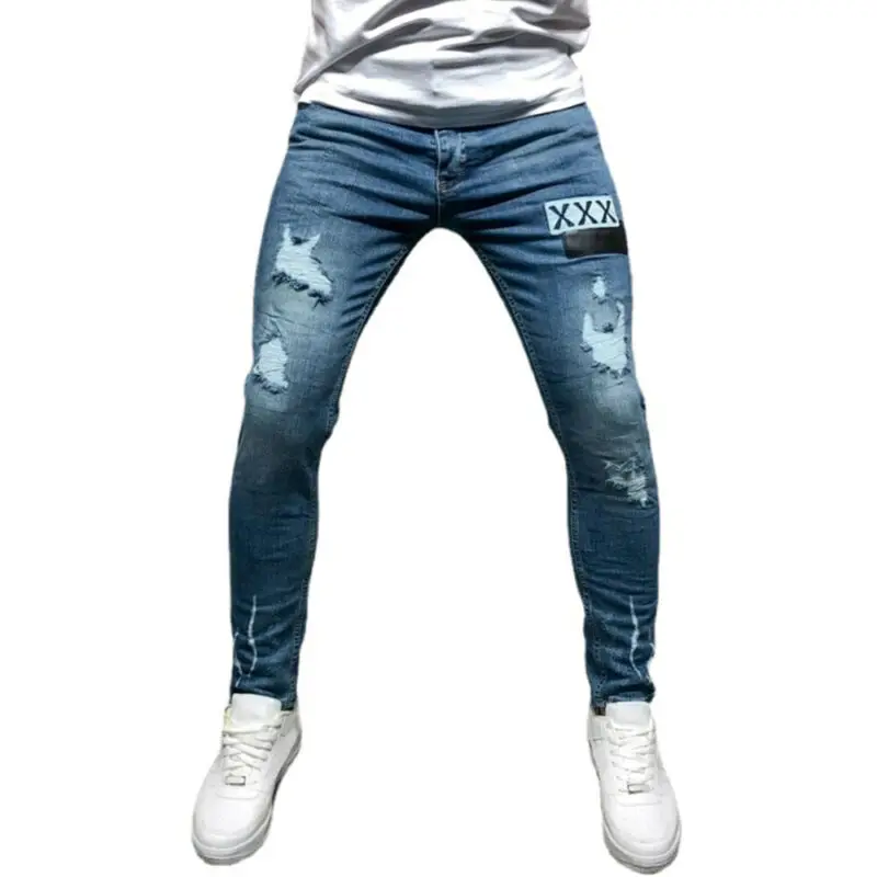 Мужские рваные узкие джинсы стрейч повседневные облегающие длинные