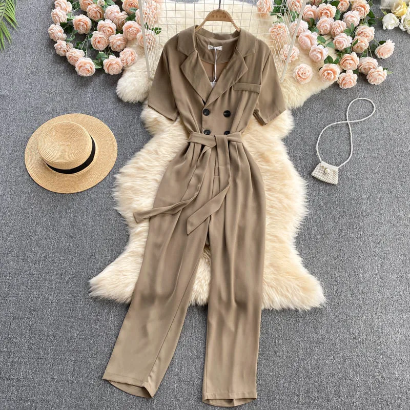 

Yujie Style Summer Women's Suit Collar Retro Double-breasted Slim Long Temperament Jumpsuit Women's Wide-leg Pants
