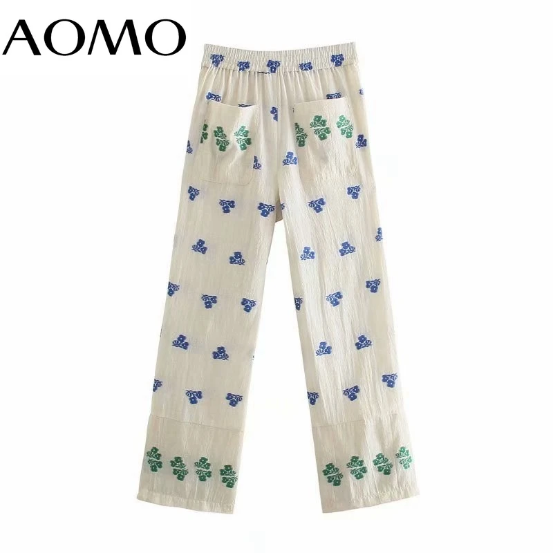 

AOMO Fashion Women Floral Print Cotton Linen Pants Trousers Vintage Style Pockets Strethy Waist Lady Pants Pantalon 3H624A