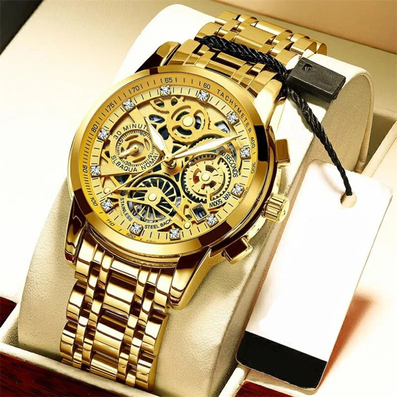 

Men’s Watches Tourbillon Rotating Window Top Luxury Brand Fashion Quartz Men Watch Waterproof Gold Steel Business Wristwatch