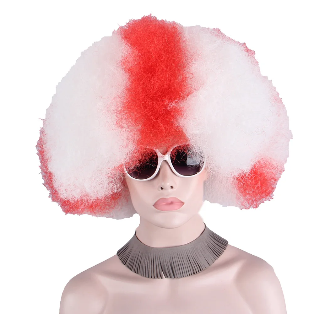 

Afro Curly Short Wig Big Top Colorful White Red Women Football Fans Wig Flag Anxin Party Carnival Day Cosplay Wig Anime Hairs