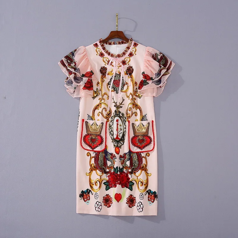 

women's American European and wear 2021 summer new style Short-sleeved palace print Fashionable embroidered beaded dress