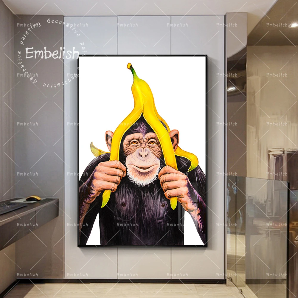 

Embelish Large Size Chimpanzee With A Banana Cartoon Wall Pictures For Home Decor HD Canvas Painting For Living Room Posters