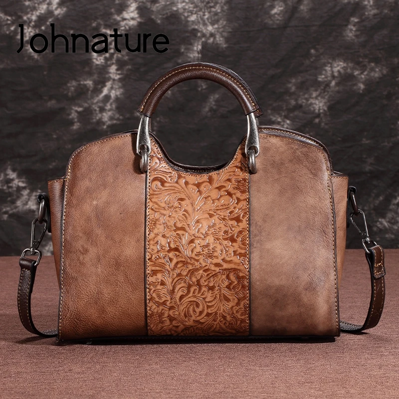 

Johnature Genuine Leather Vintage Embossing Women Handbag 2022 New Leisure Floral Cowhide Zipper Totes Shoulder & Crossbody Bags