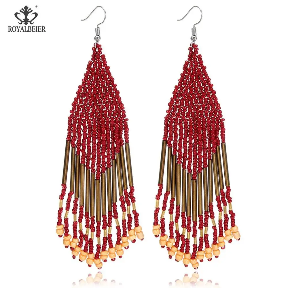 Bohemian earrings12 ROYALBEIER богемные длинные кисточки акриловые перо форма бисера Кулон Серьги Свадебная вечеринка очаровательные ювелирные изделия серьги - Окраска металла: Bohemian earrings12
