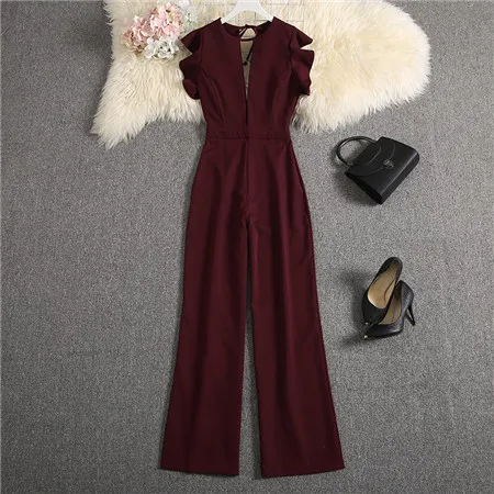 Burgundy ALPHALMODA летние женские сексуальные комбинезоны с глубоким v-образным вырезом, однотонные прямые длинные штаны, женские вечерние комбинезон, комплект одежды - Color: Burgundy