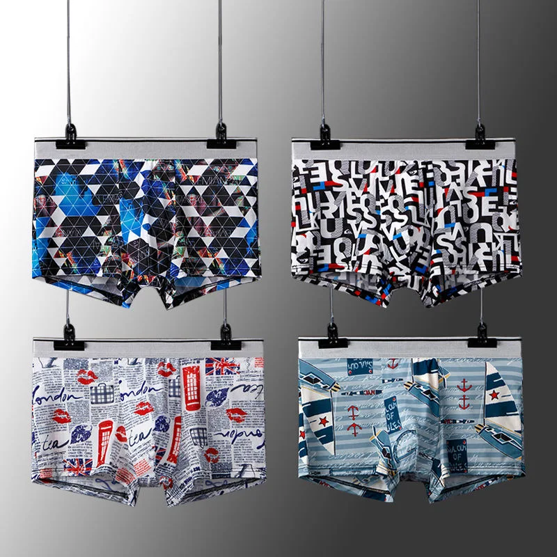 4Pcs/lot Men's Printed Boxers Man Boxer Underpants Mens Underwear Ice Silk Man Boxer Shorts Breathable Boxer Shorts Panties