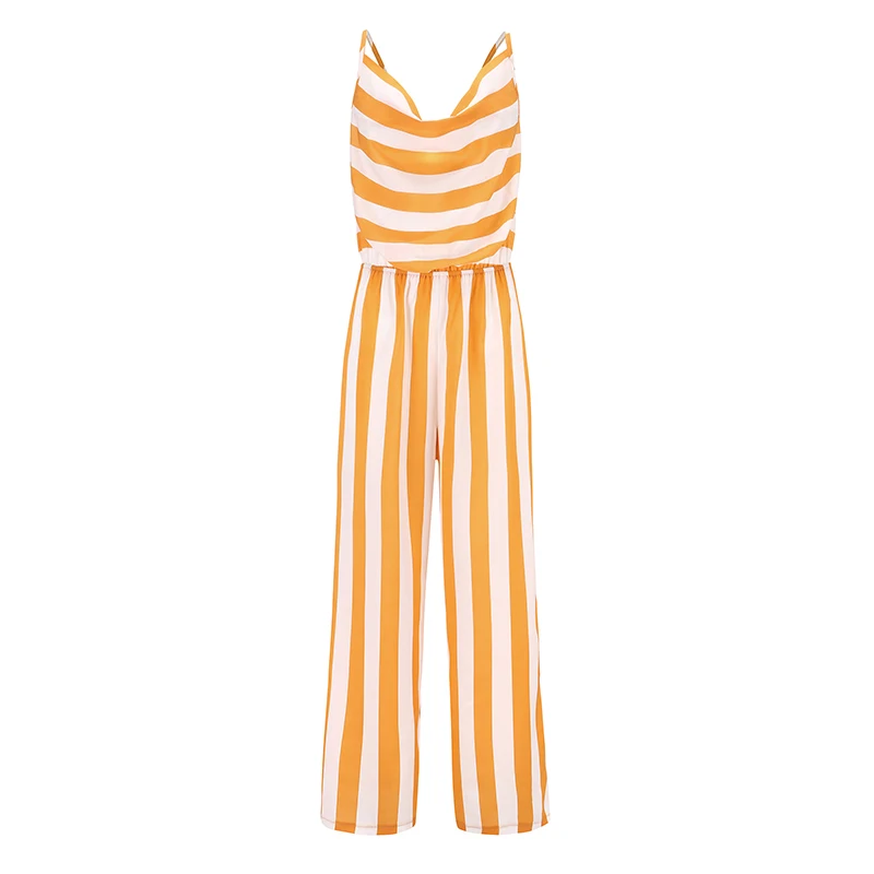 

summer new trendy orange striped long jumpsuit women sling spaghetti strap v neck combinaison femme overall girl jumpsuits