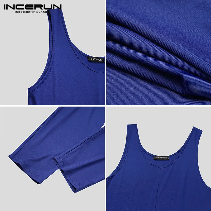 

Men Pajamas Jumpsuit Solid Color Sleeveless Fitness Homewear Romper Nightwear Cozy Soft 2021 Leisure Men Sleepwear S-5XL INCERUN