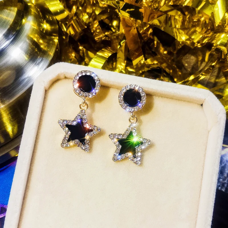 Earrings Black Round Square Star Pendant Geometric Women's Earrings Crystal Luxury Wedding Banquet Rhinestone Earrings