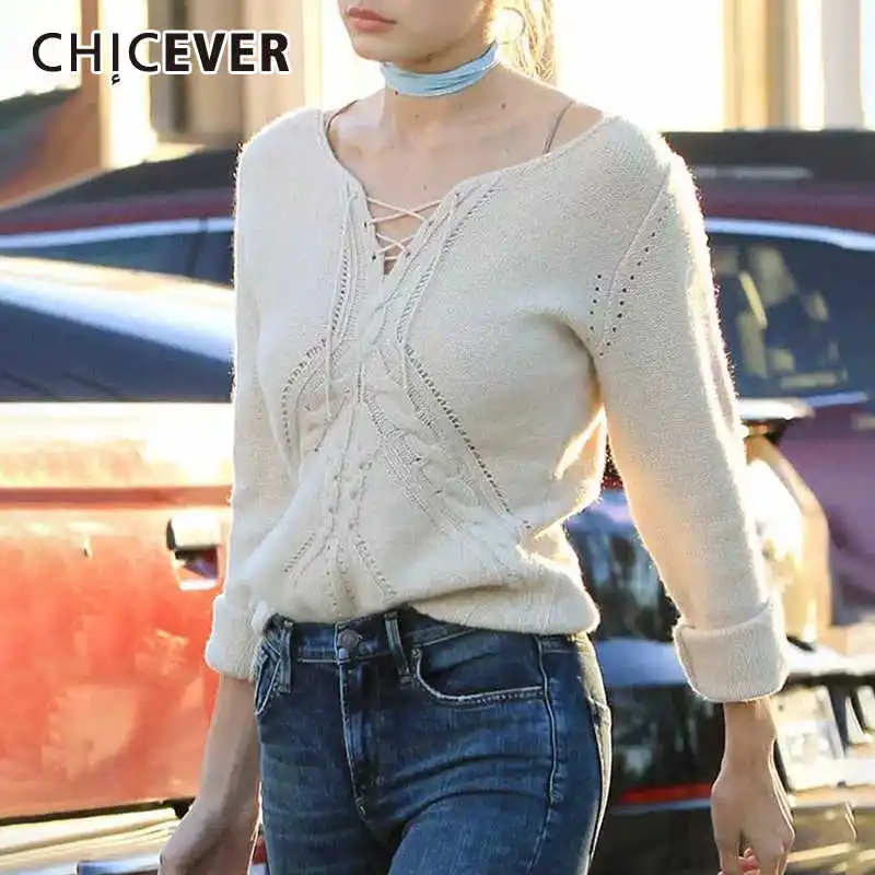 CHICEVER джемпер свитер для женщин v-образный вырез бандаж бант длинный рукав