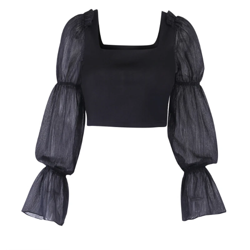 

2019 New Fashion Women Sheer Mesh Puff Long Sleeve Square Neck Tops Ladies Girls Solid Blouse Shirts Black White