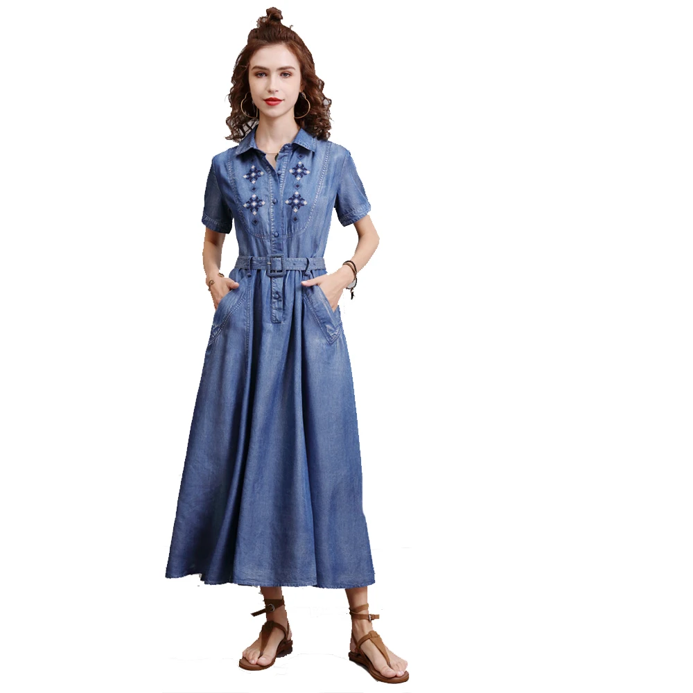 

Vintage Style Turn Down Collar Short Sleeves Single Breasted Broidery Denim Dress With Pocket Belt Blue FS1109