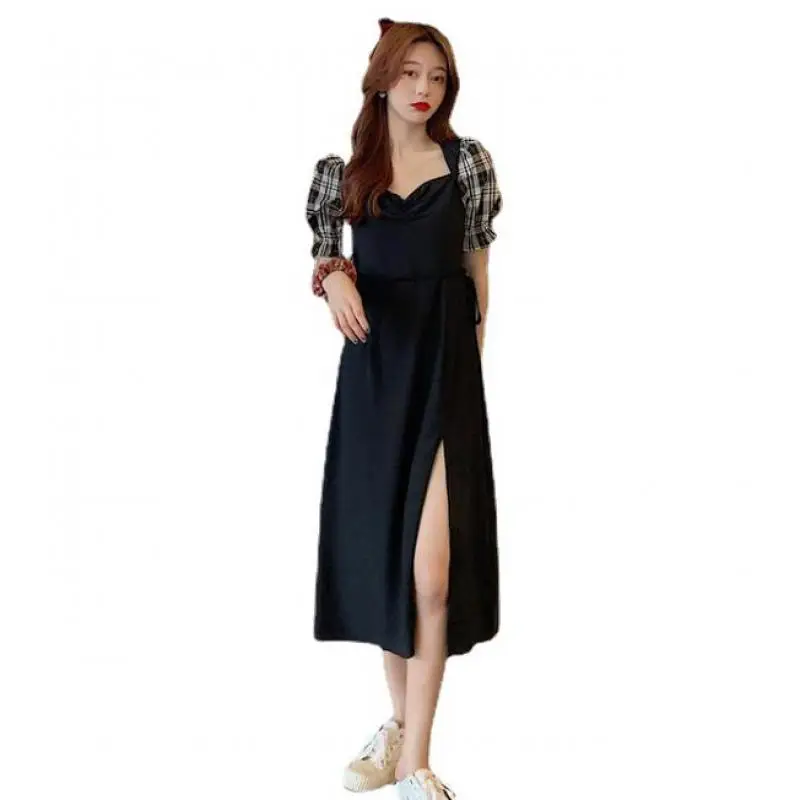

Vintage V Neck Plaid Women Dress Summer A-line High Waist Puff Sleeve Split Dress Elegant Mid-length Short-sleeved Dress Party
