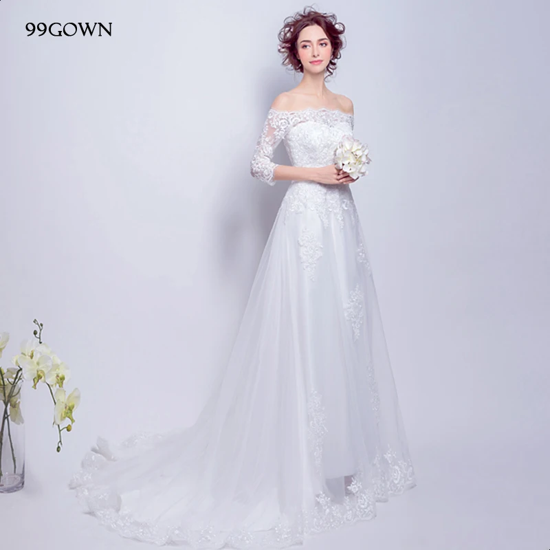 99GOWN сексуальное длинное свадебное платье из тюля с открытыми плечами и кружевом