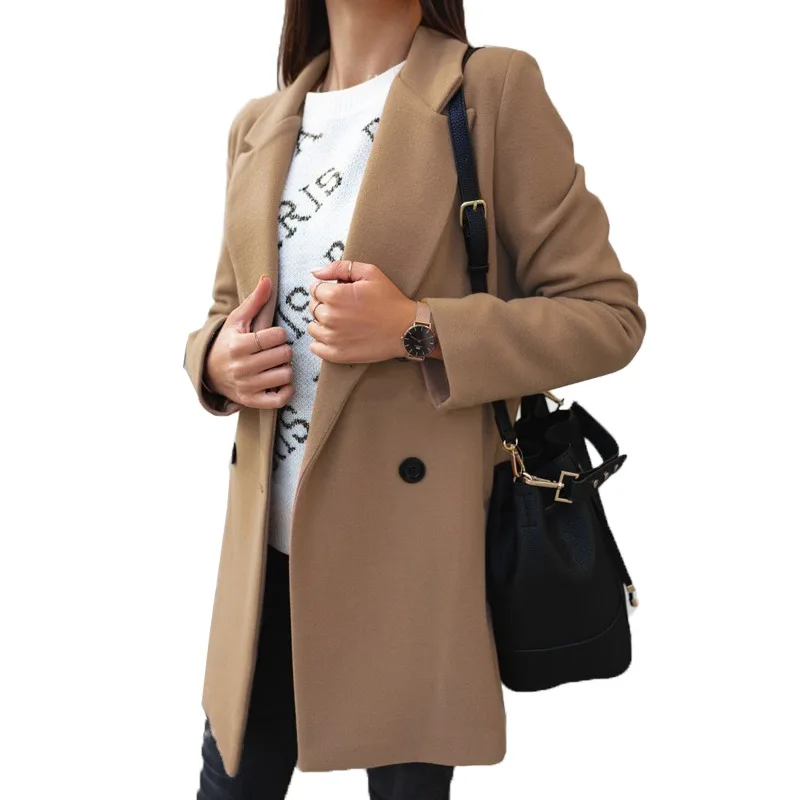 

CINESSD Women Wool Blends Coat Double Breasted Jackets 2021 Notched Long Sleeves Button Solid Autumn Winter Casual Woolen Coats