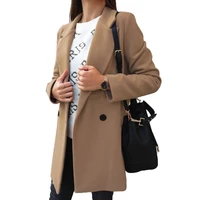cinessd women wool blends coat double breasted jackets 2021 notched long sleeves button solid autumn winter casual woolen coats