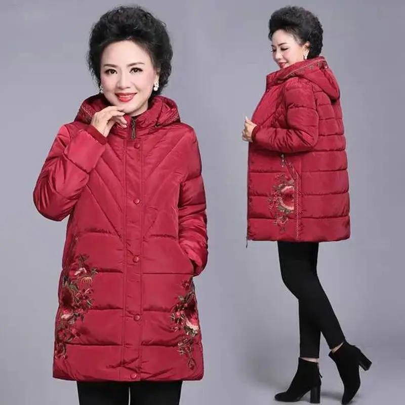 

2020 New Middle-aged Women Winter Flowers Embroidery Parka Cotton Padded Coat Hooded Thickening Warm 5XL Jacket A342