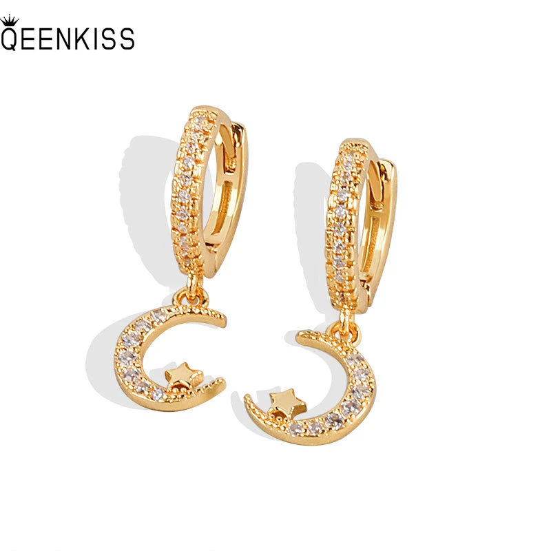 

QEENKISS EG652 Fine Jewelry Wholesale Fashion Woman Girl Birthday Wedding AAA Zircon Crescent 18KT Gold White Gold Hoop Earrings