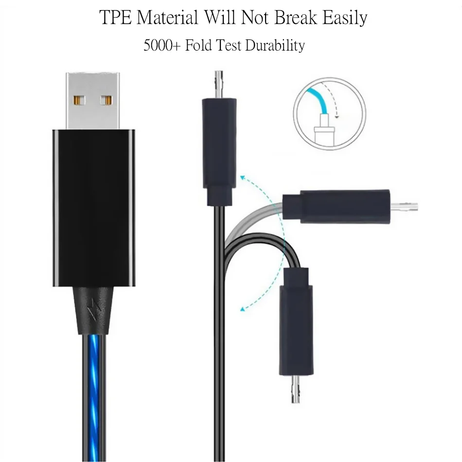 Струящийся кабель со светодиодной подсветкой для iPhone samsung huawei Micro USB для Xiaomi type C светящийся кабель для быстрой зарядки USB кабель мобильного телефона