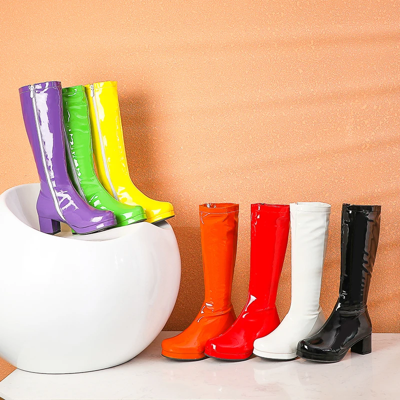 Autumn Winter Patent Leather Boots Fashion Long Shoes Round Toe Platform Thick Heel Ladies Party Wear Green Yellow Lavender Blue