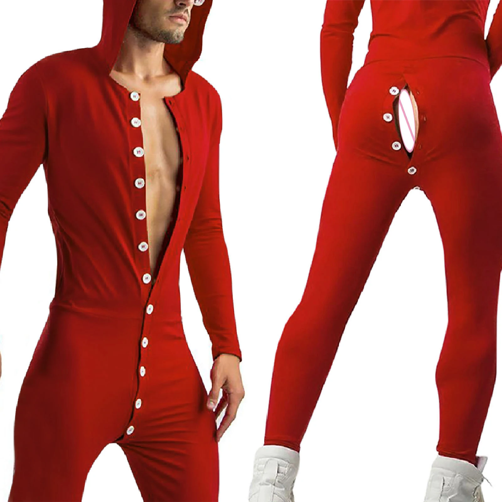 

2021 Sexy Men Sleepwear Jumpsuit Long Sleeve Solid Button Open Butt Male Pyjama Onesies Playsuit Nightwear Bodysuit Pajamas