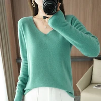 spring and autumn new womens v neck pullover pure color sweater elegant fashion long sleeve knit winter base wholesale price