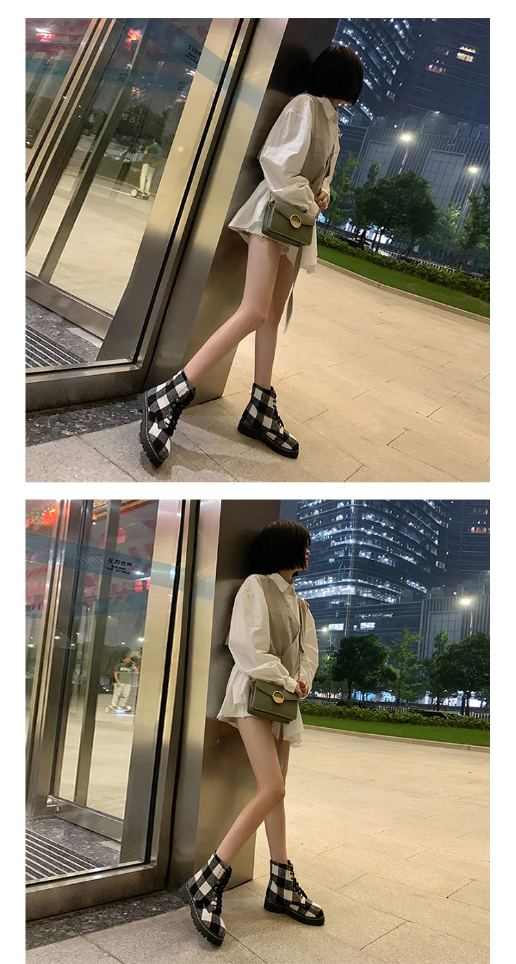 Winter Luxury Designer Patchwork Plaid Boots British Style Women Thick Heels Martin Boots Chic Plus Velvet Ladies Lace Up Shoes
