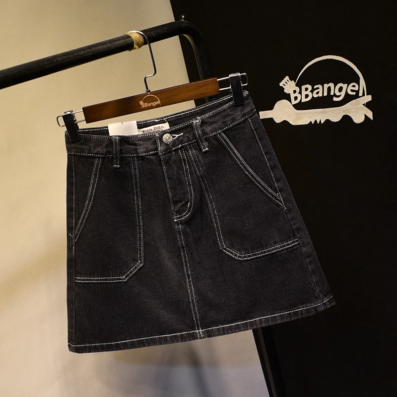 Черные джинсовые юбки трапециевидной формы с большим карманом на молнии женские