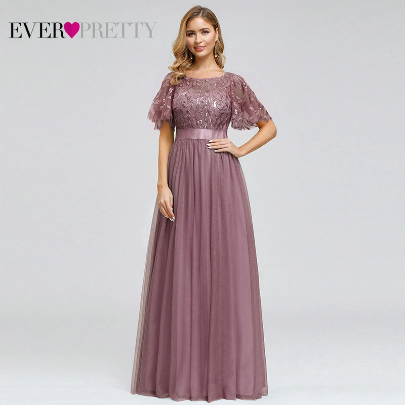 Dusty Pink Robe De Soiree блестящие вечерние платья Длинные Ever Pretty EP00904GY A-Line o-образным вырезом с коротким рукавом Вечерние платья женские элегантные платья - Цвет: Dusty Pink
