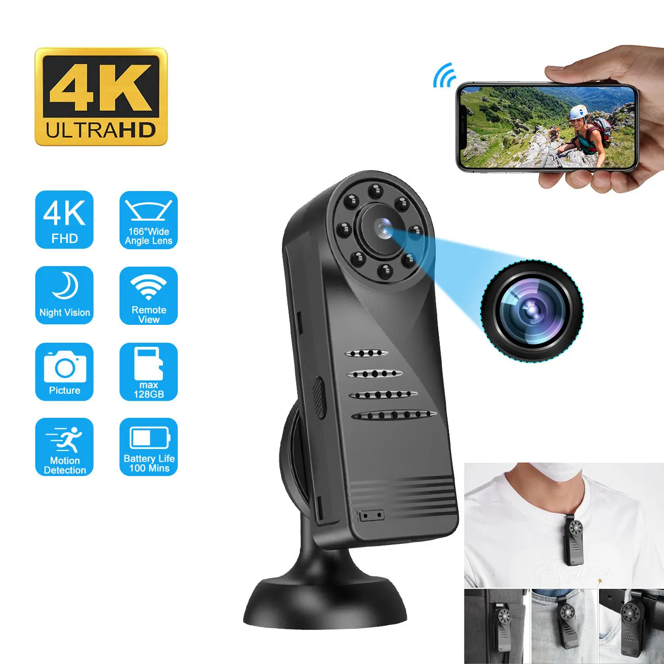 Портативная 4K мини Экшн камера с Wi Fi тело умная Беспроводная для тела HD микро IP