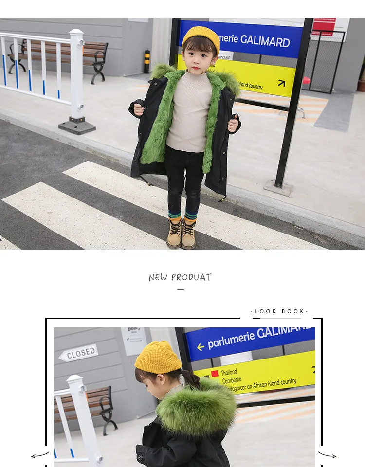 Army Green Coat Fur Jacket Girls Winter Clothes Rabbit Fur Kids Parkas Real Raccoon Fur Hooded Children Jacket For Girls TZ90