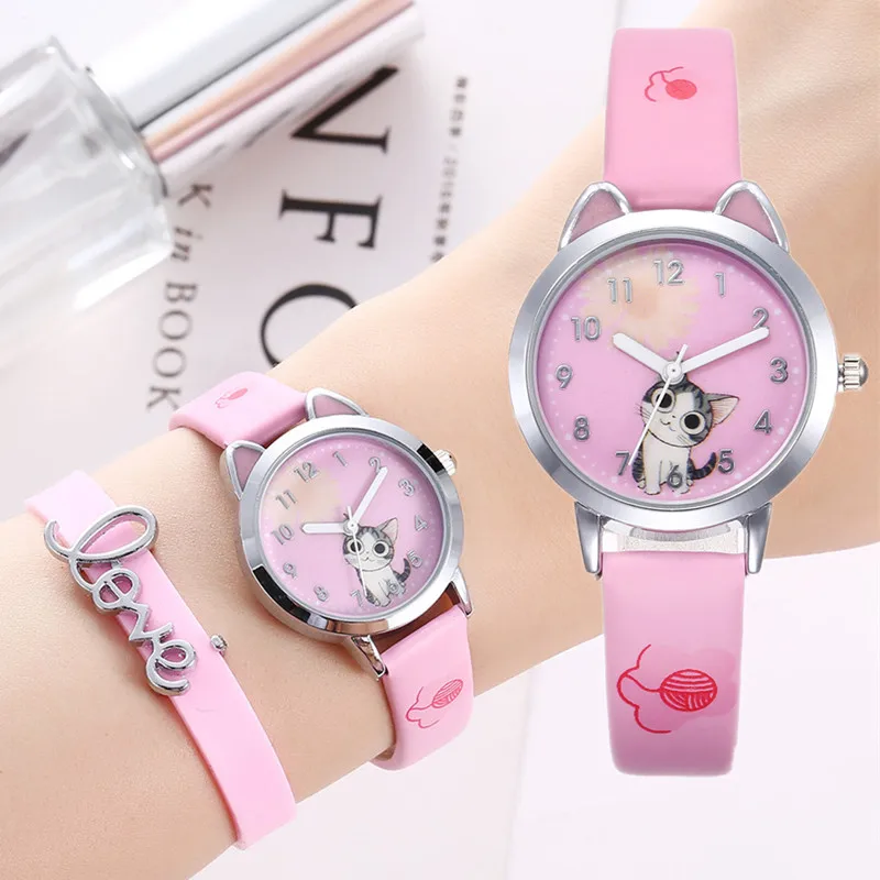 

2021New Cute Cat Pattern Children Watches Set Quartz Analog Leather Strap Kids Watches For Girl With Bracelet And Box Gift Clock