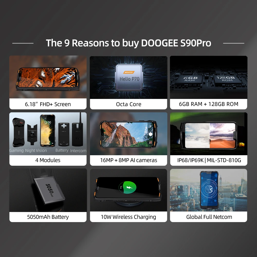 IP68 DOOGEE S90 Pro модульный прочный мобильный телефон Helio P70 Восьмиядерный 6 ГБ 128 ГБ 6,18 дюйма дисплей 12V2A 5050 мАч 16MP+ 8MP Android 9