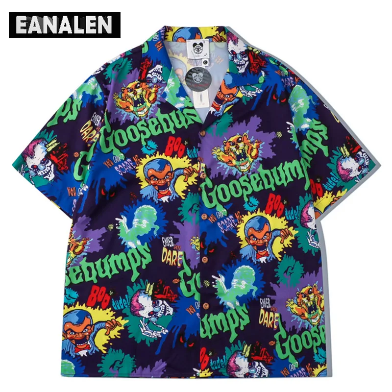 

Summer Harajuku Oversized Button Graffiti Anime Print Shirt Men's Korean Clothing Fashion Casual Beach Hawaiian Shirt Vintage