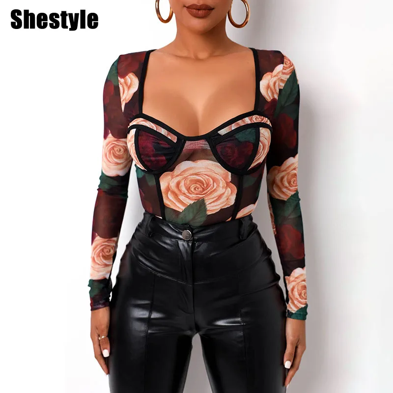 

Shestyle Mesh See Through Bodysuits Women Sexy Wrap Sqaure Neck Vintage Rose Floral Printed Black Body Long Sleeve Spring 2021