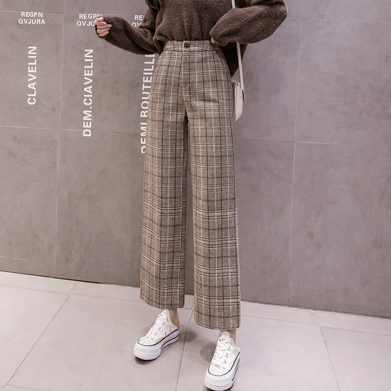 

2021 Autumn Winter Woolen Plaid Pants men Elastic High Waist Ankle-length Pant Plus Size Harajuku Wide Leg Trousers Goth Pants