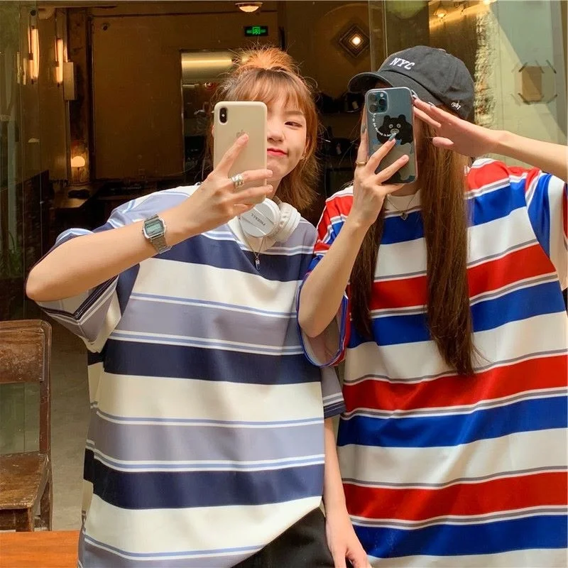 

Новинка весна-лето 2021 футболка в полоску с коротким рукавом Повседневная Свободная парная футболка средней длины в Корейском стиле с кругл...