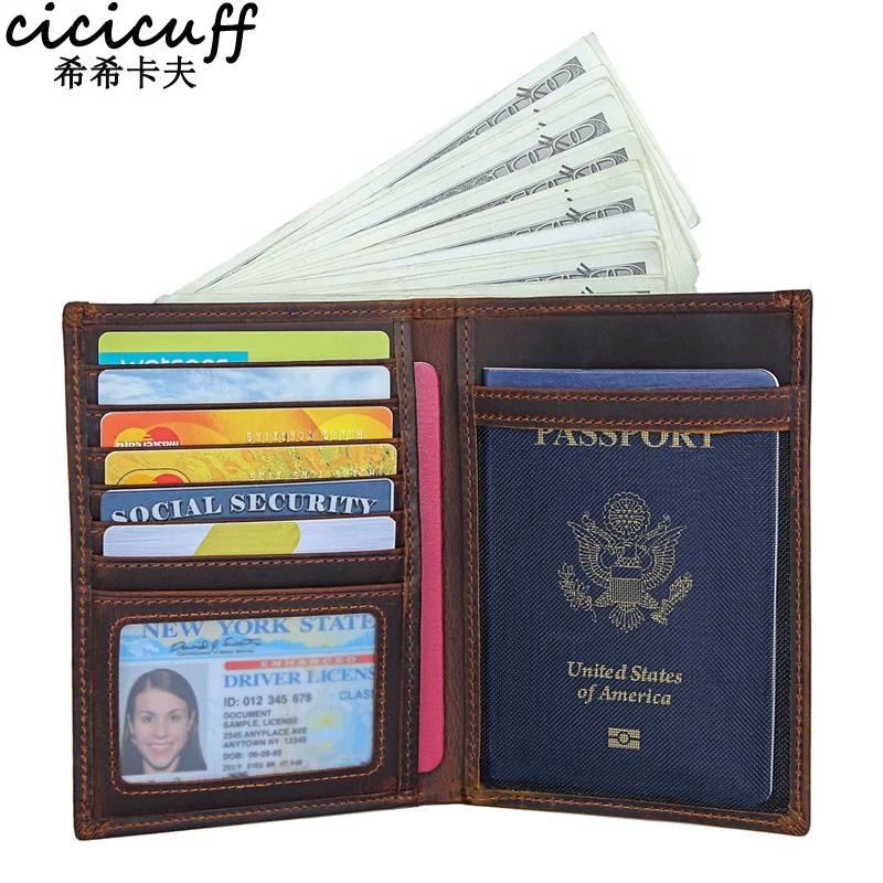 

Genuine Leather Male Wallet Photo Holder Passport Card Holder Passport Cover Crazy Horse Leather Rfid Credit Card for Men Travel