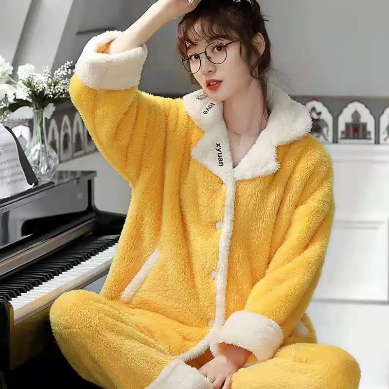 

Coral Fleece Women Winter Warm Pajamas Set 2 Piece /Set Long Sleeve Thick Pyjamas Set Female Homewear Pajama Suit