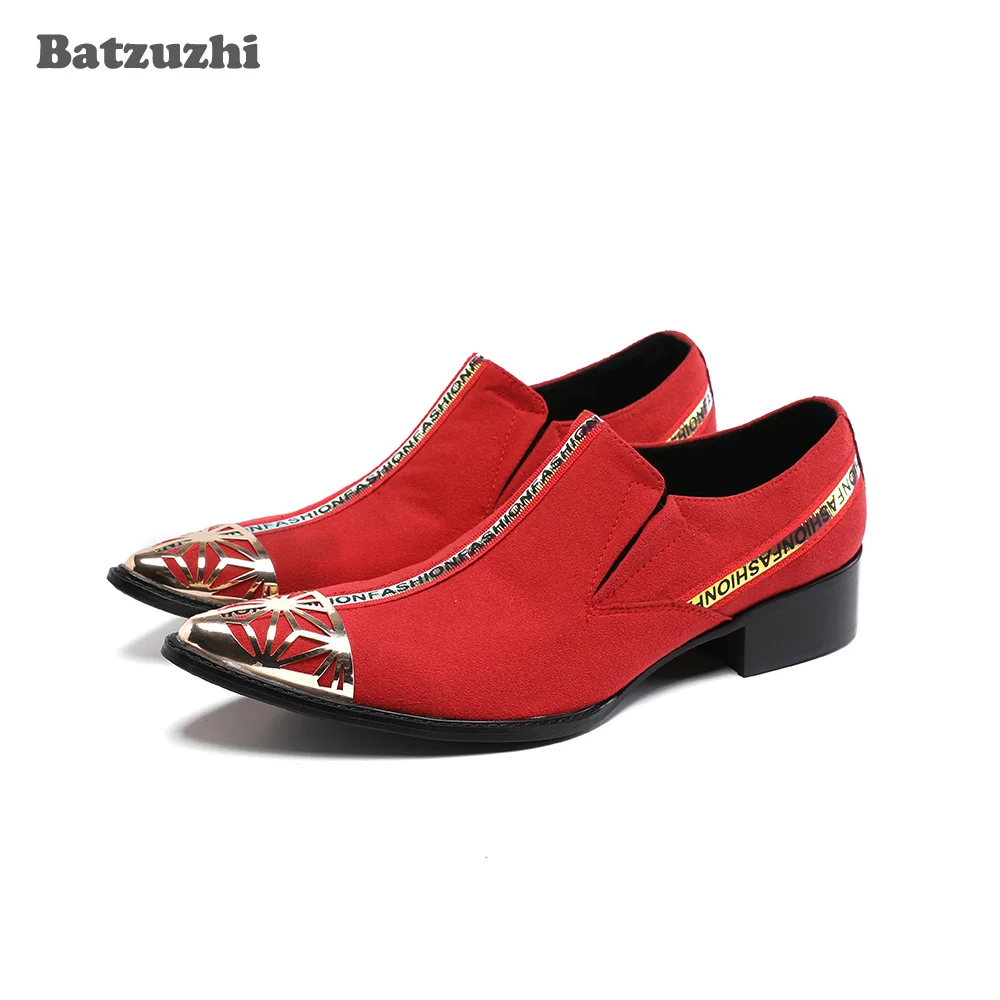 

Batzuzhi New Designer Men's Shoes Pointed Metal Toe Genuine Leather Dress Shoes Men Red Formal Business/ Party and Wedding Shoes