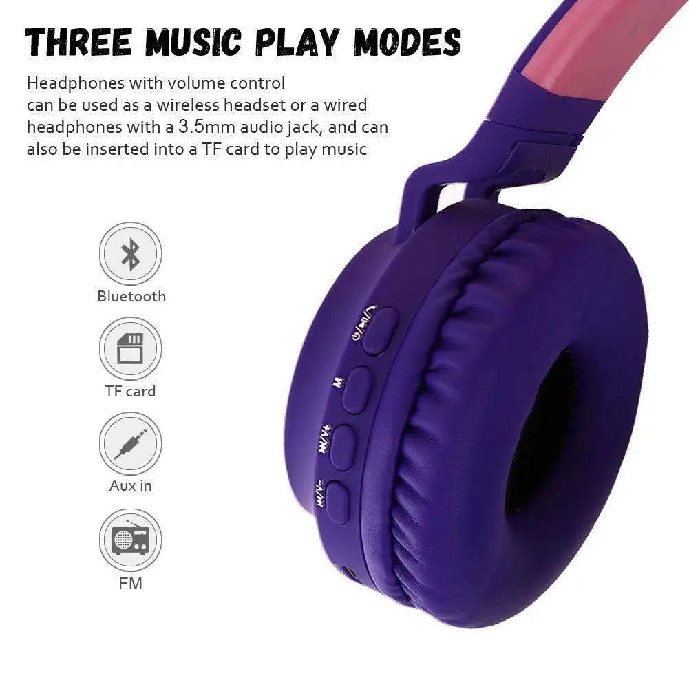 Bluetooth 5.0 Stereo Foldable Wireless Headset with LED Light, Cute Cat Ear Design, Mic, TF Card, FM Radio, and 3.5mm Plug image 2