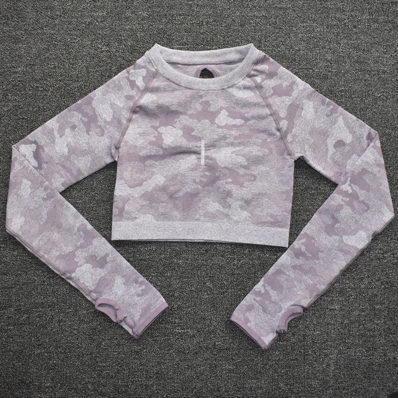 PurpleShirts Комплект для йоги, Женская бесшовная одежда для фитнеса, бюстгальтер для йоги, спортивные топы с длинными рукавами, камуфляжные леггинсы для спортзала, штаны, костюм для тренировок, спортивная одежда - Цвет: PurpleShirts