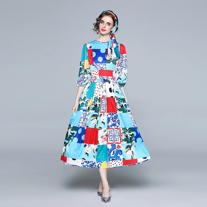 

Elegant Women Spring Robe 2021 Runway Designers Fashion Polka Dot Print Long Bohemian Dress Elegant Vacation Vestidos