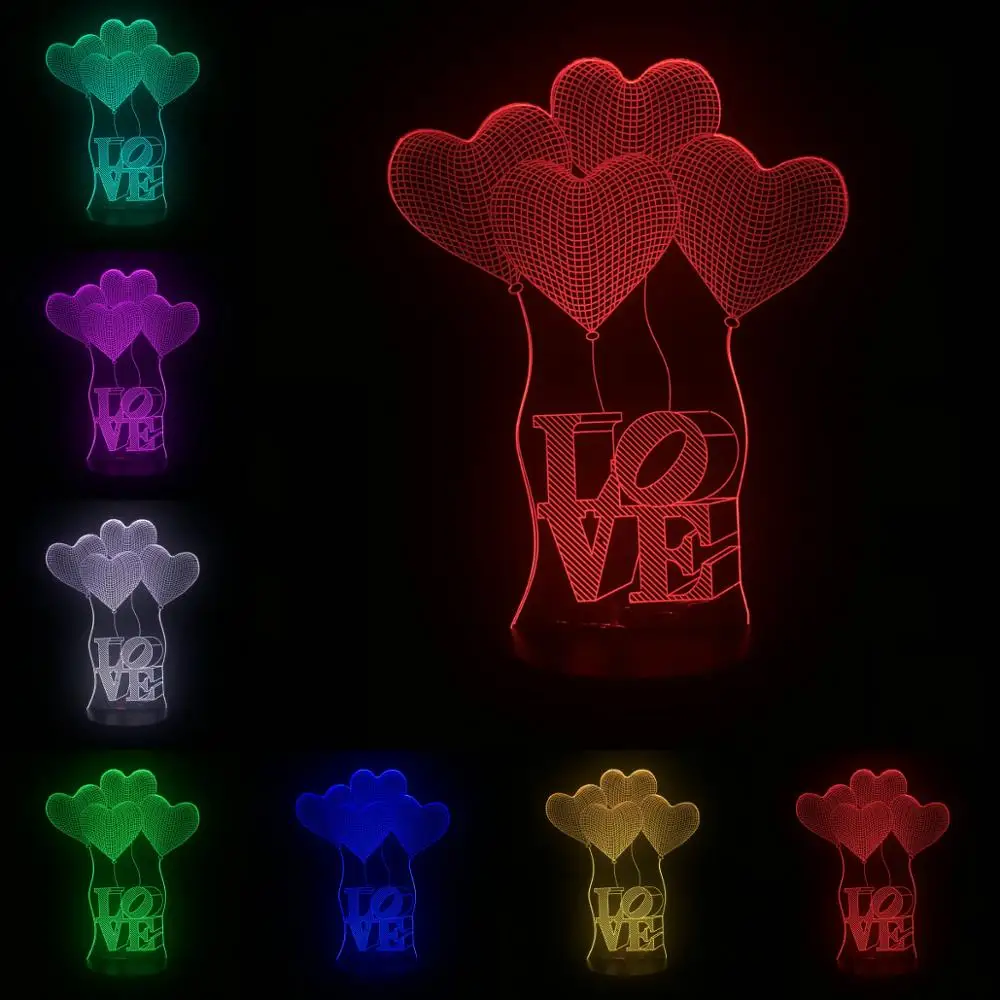 3D лампа в виде воздушного шара с сердечками светодиодный ночсветильник USB