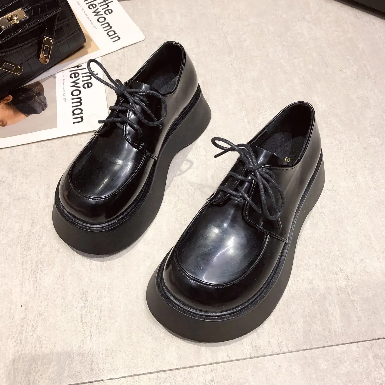 

New Autumn Winter Oxford Shoes for Women Lace Up Thick Bottom Solid Leather Casual Shoes Woman Flats Round Toe Platform Shoes