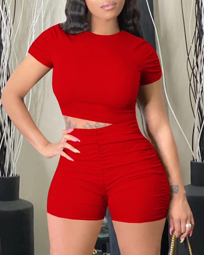 

Летний женский однотонный топ и шорты большого размера, новинка 2022, Женская Однотонная футболка с круглым вырезом и спортивные штаны, женск...